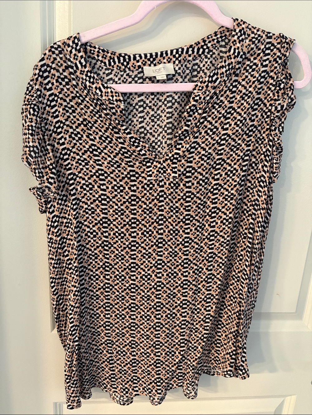 LOFT Pink and Black Geometric Cap-Sleeve Blouse